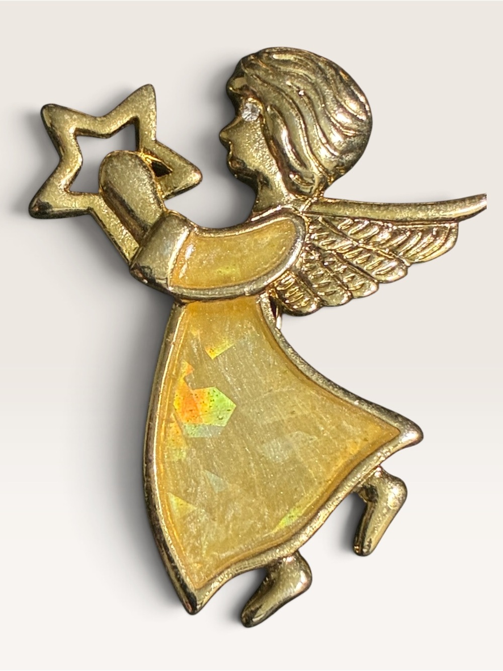Vintage Gold Tone Angel Brooch with Yellow Enamel Dress